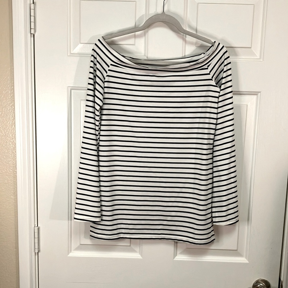NWT ZJCT Boat Neck Off Shoulder Nautical Black & White Striped Tunic Size XL